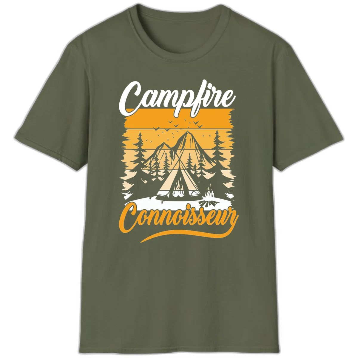 Campfire connoisseur design showing a tent with glowing fire, trees, and mountain under starry sky in warm golden tones in Military Green