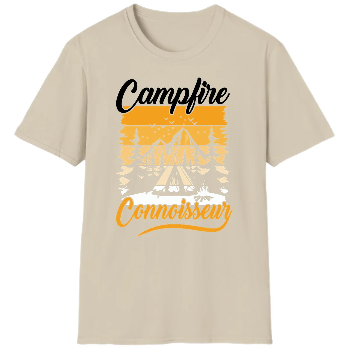 Campfire connoisseur design showing a tent with glowing fire, trees, and mountain under starry sky in warm golden tones in Sand