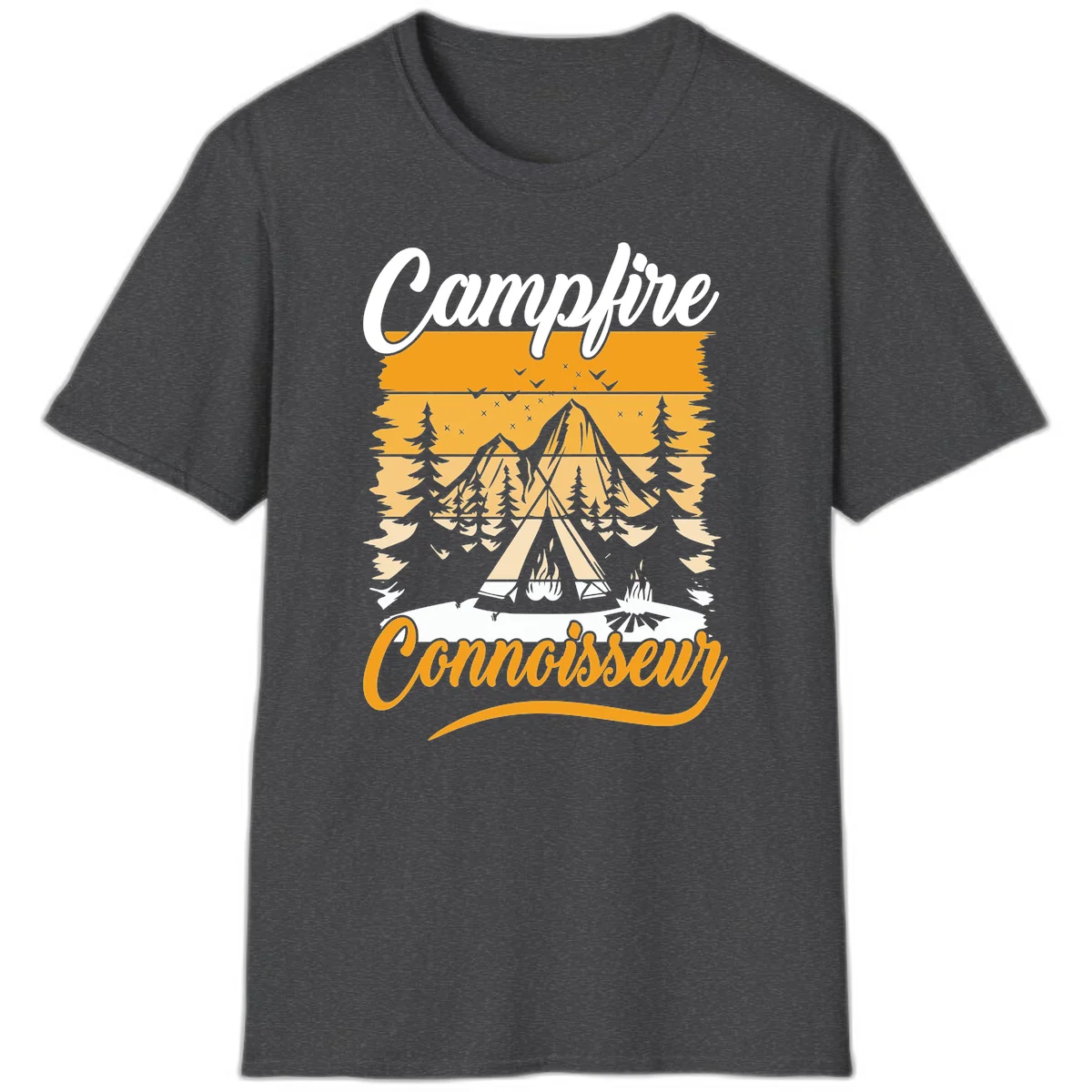 Campfire connoisseur design showing a tent with glowing fire, trees, and mountain under starry sky in warm golden tones in Dark Heather