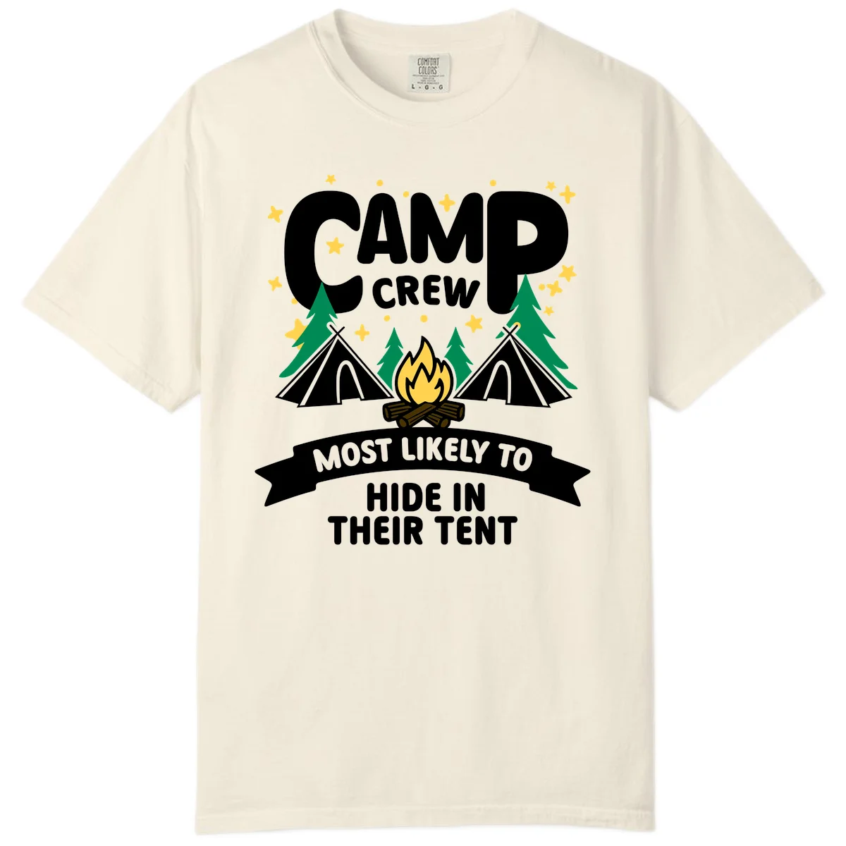 Camp crew camping design with tents, campfire, trees and stars showing a humorous superlative about hiding in tents in Ivory