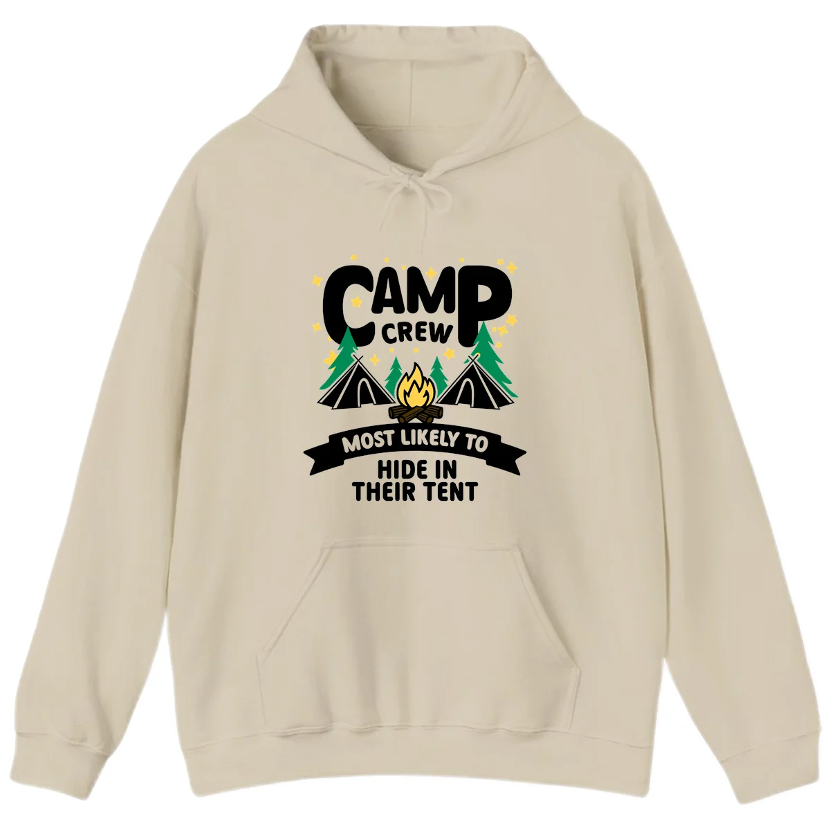 Camp crew camping design with tents, campfire, trees and stars showing a humorous superlative about hiding in tents in Sand