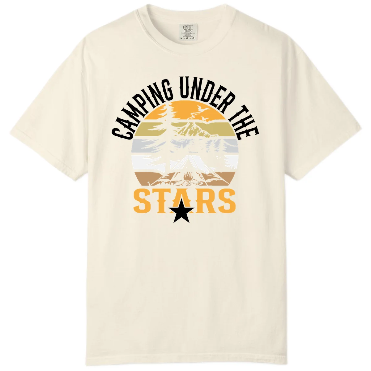 Circular camping badge design with tent, campfire, mountains, and forest under a golden sun, text reads 'Camping Under The Stars' in Ivory