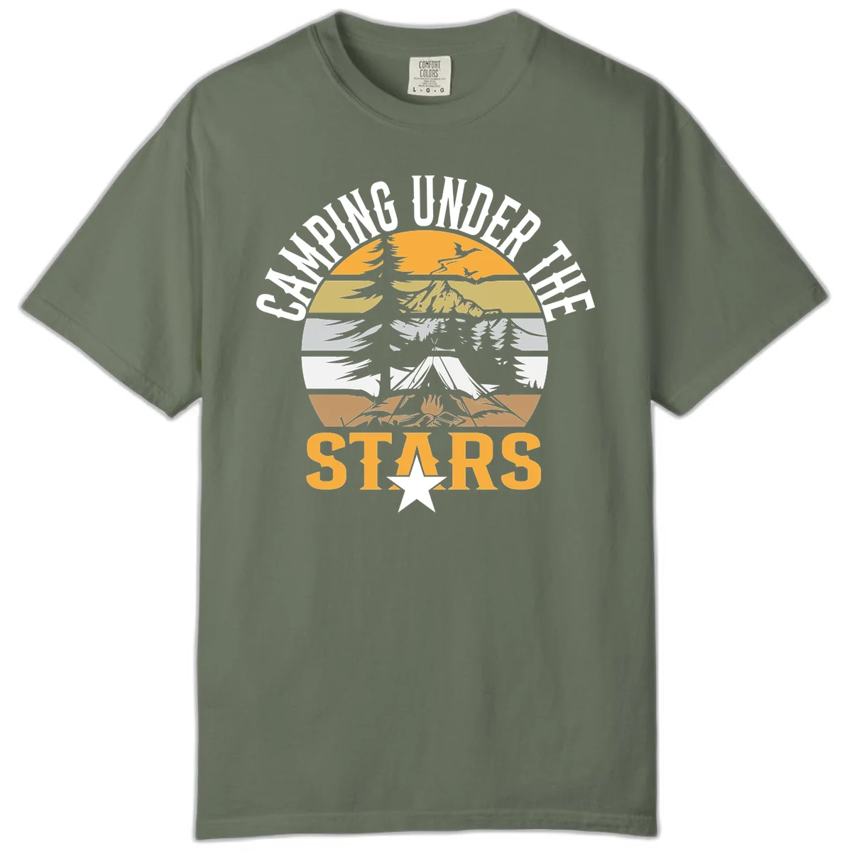 Circular camping badge design with tent, campfire, mountains, and forest under a golden sun, text reads 'Camping Under The Stars' in Moss