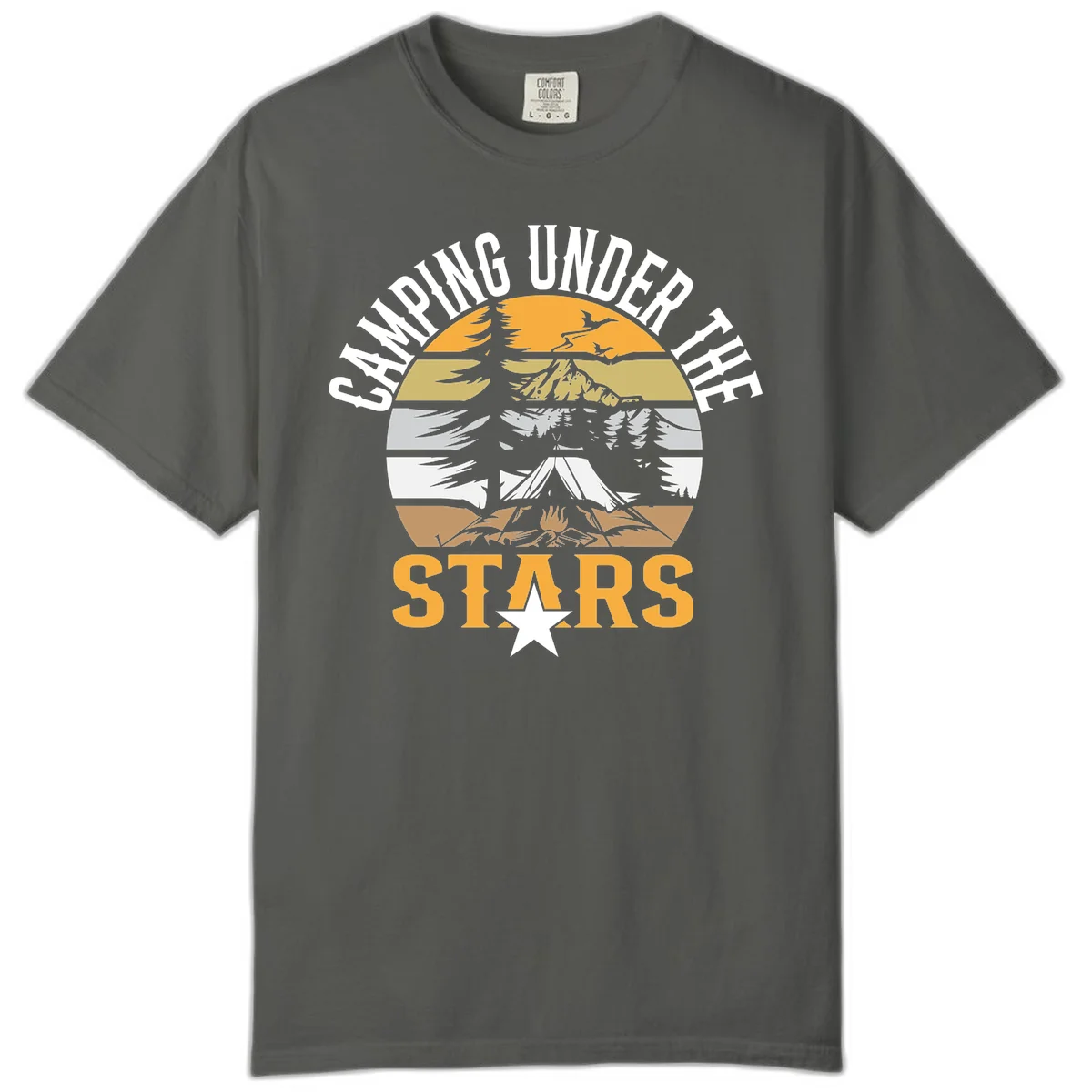 Circular camping badge design with tent, campfire, mountains, and forest under a golden sun, text reads 'Camping Under The Stars' in Pepper