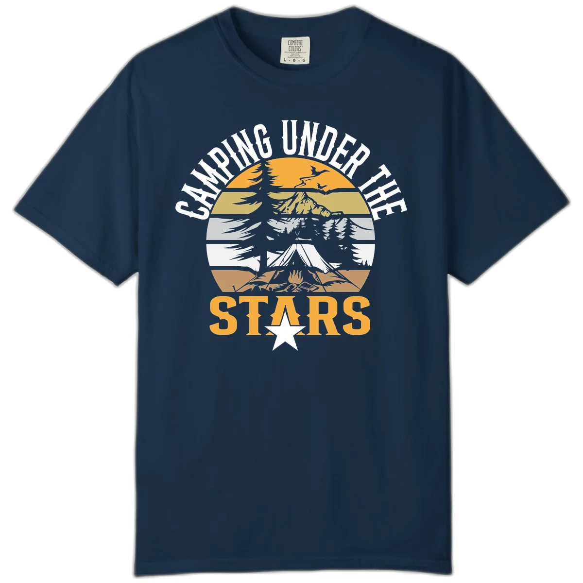 Circular camping badge design with tent, campfire, mountains, and forest under a golden sun, text reads 'Camping Under The Stars' in True Navy