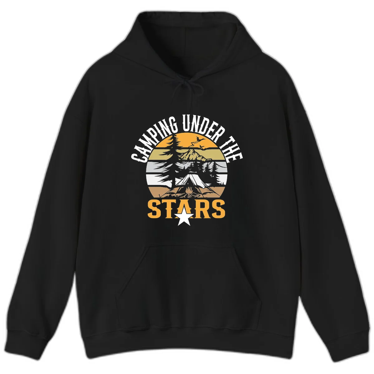 Circular camping badge design with tent, campfire, mountains, and forest under a golden sun, text reads 'Camping Under The Stars' in Black