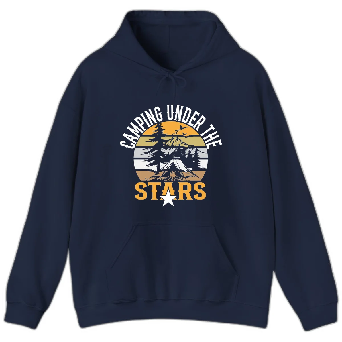 Circular camping badge design with tent, campfire, mountains, and forest under a golden sun, text reads 'Camping Under The Stars' in Navy