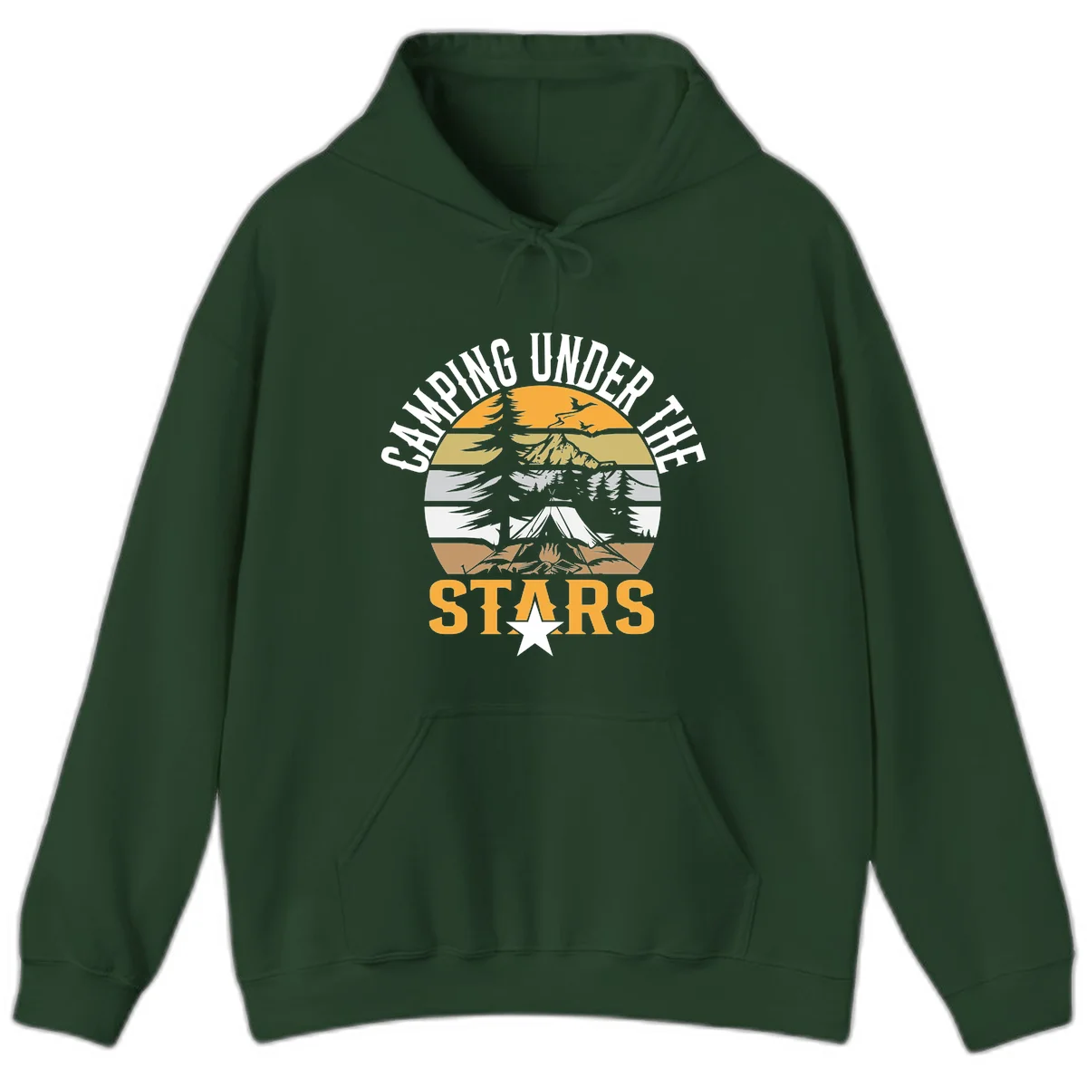 Circular camping badge design with tent, campfire, mountains, and forest under a golden sun, text reads 'Camping Under The Stars' in Forest Green