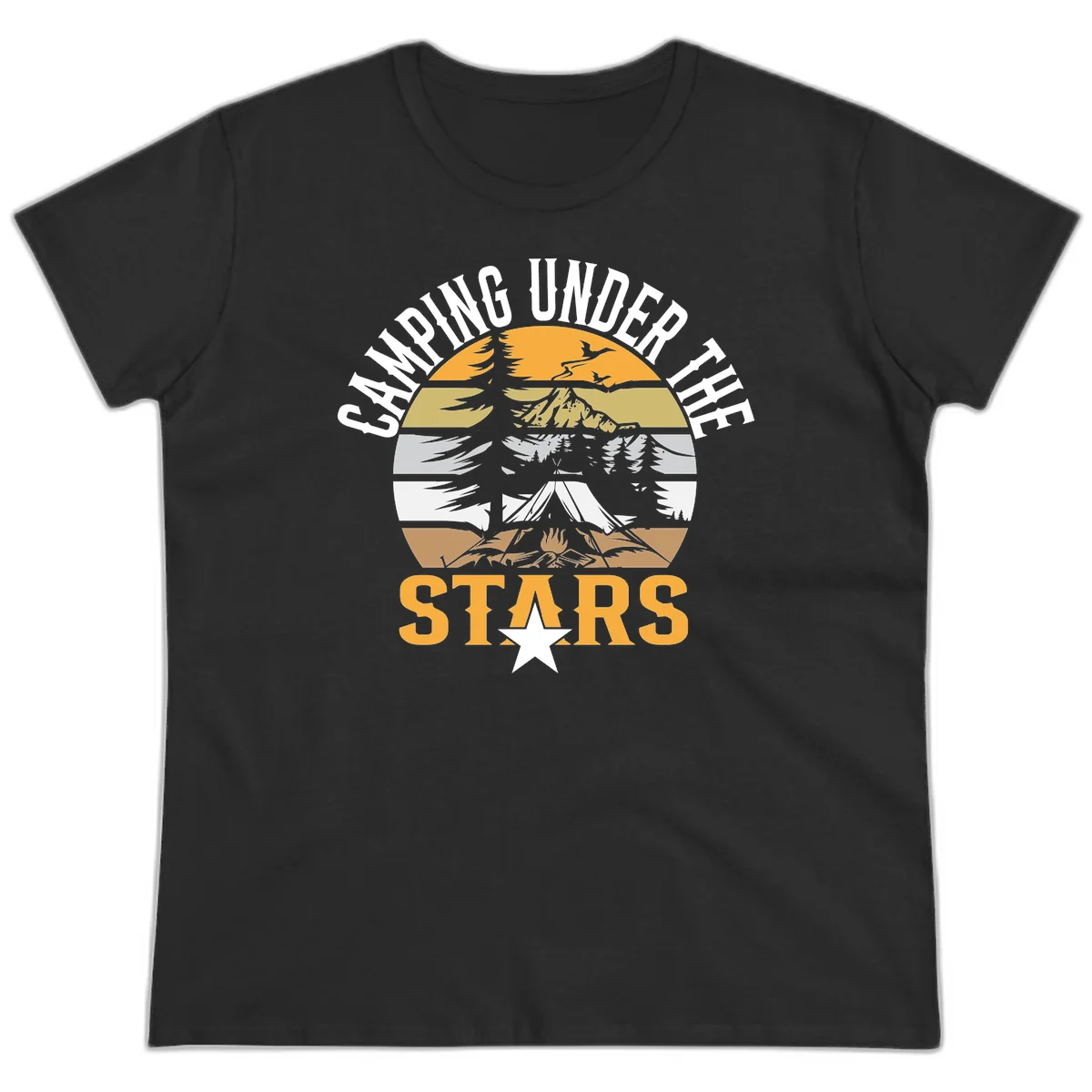 Circular camping badge design with tent, campfire, mountains, and forest under a golden sun, text reads 'Camping Under The Stars' in Black