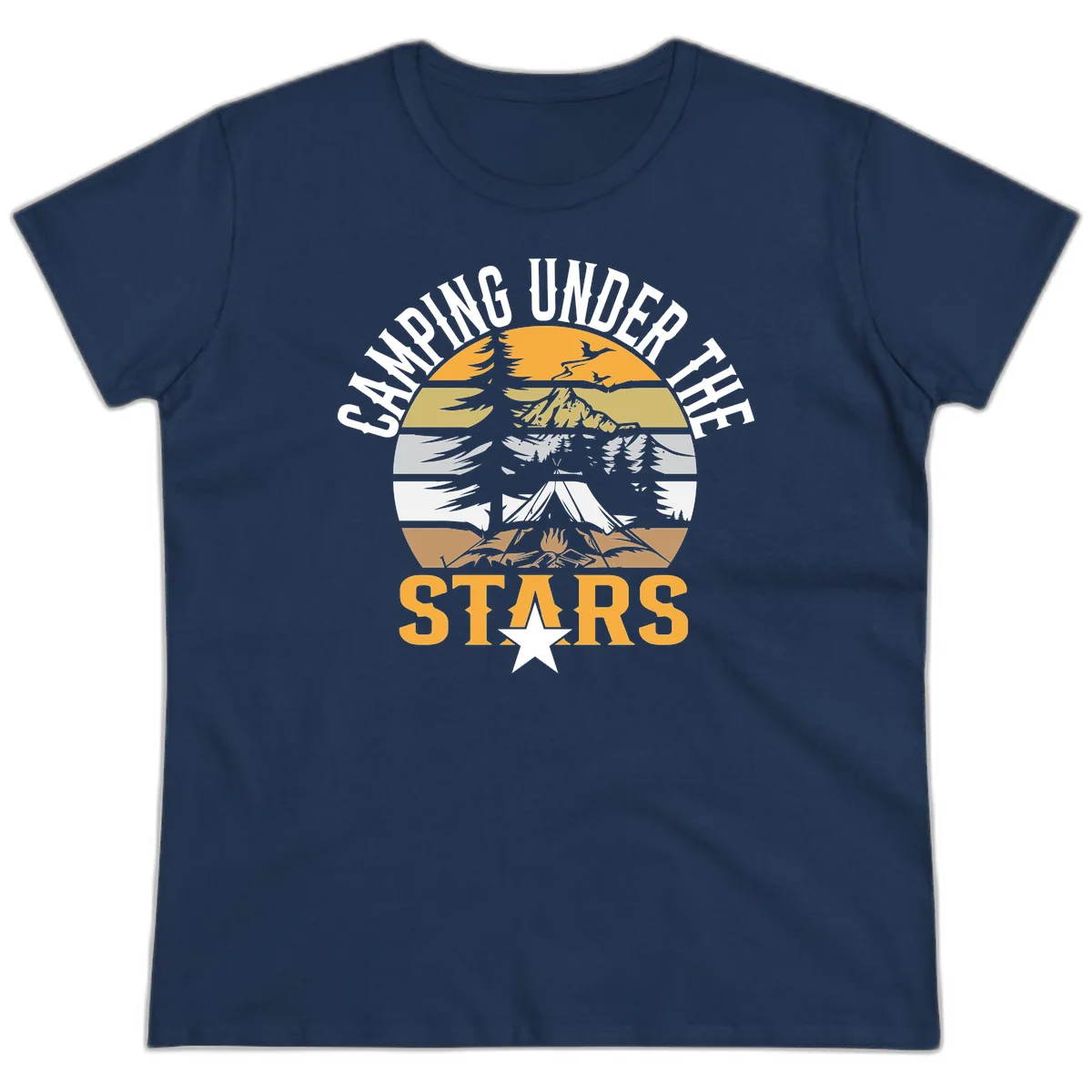 Circular camping badge design with tent, campfire, mountains, and forest under a golden sun, text reads 'Camping Under The Stars' in Navy