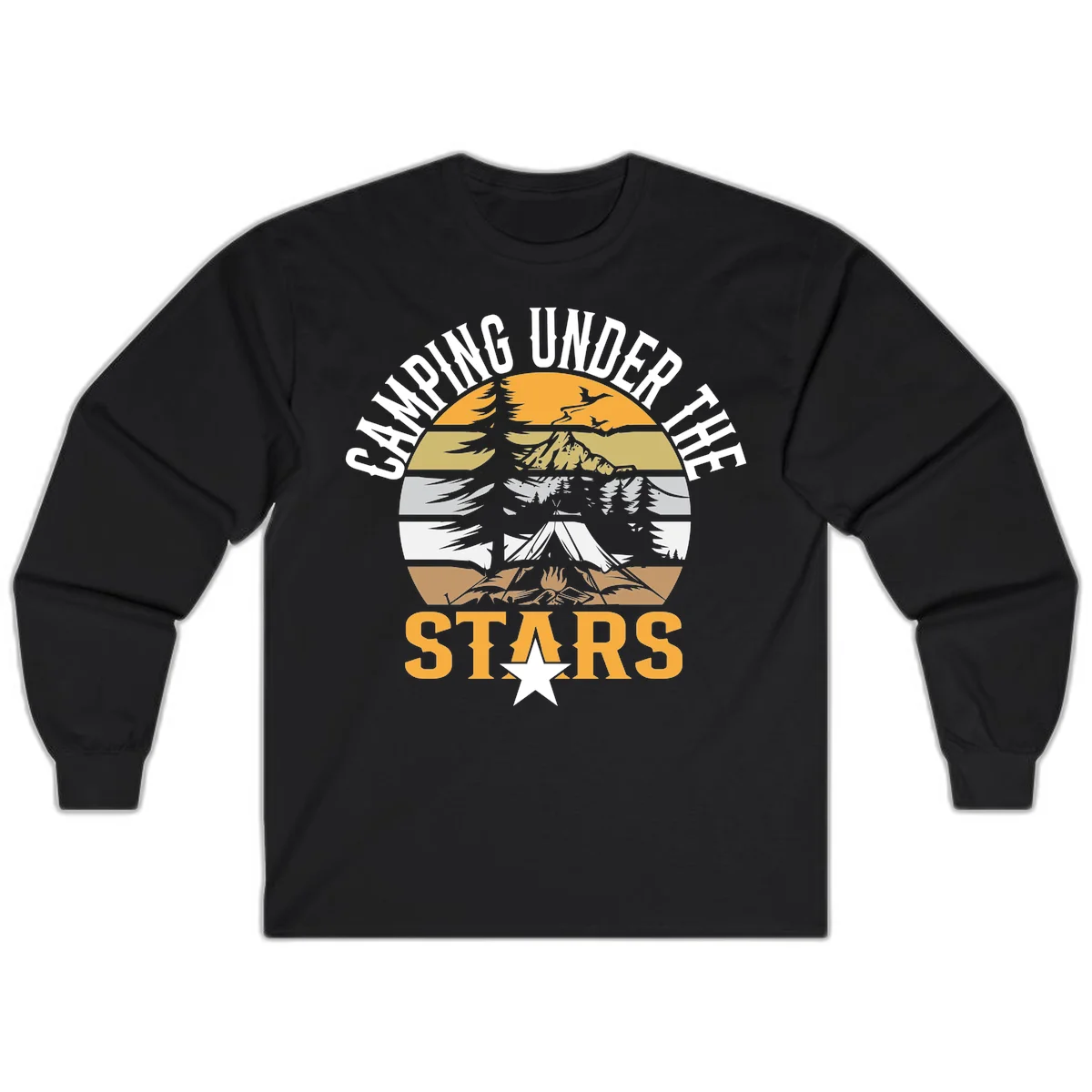 Circular camping badge design with tent, campfire, mountains, and forest under a golden sun, text reads 'Camping Under The Stars' in Black
