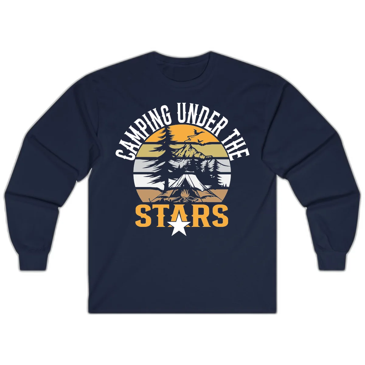 Circular camping badge design with tent, campfire, mountains, and forest under a golden sun, text reads 'Camping Under The Stars' in Navy