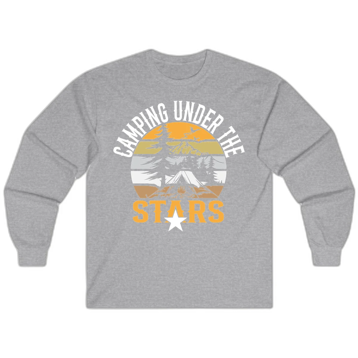 Circular camping badge design with tent, campfire, mountains, and forest under a golden sun, text reads 'Camping Under The Stars' in Sport Grey