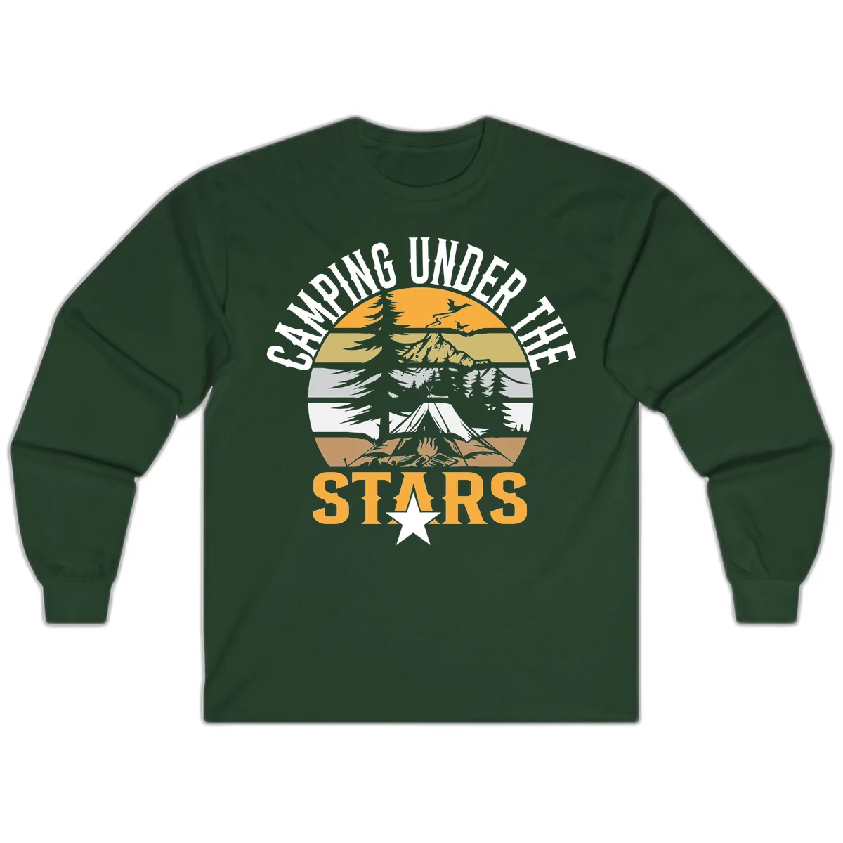 Circular camping badge design with tent, campfire, mountains, and forest under a golden sun, text reads 'Camping Under The Stars' in Forest Green