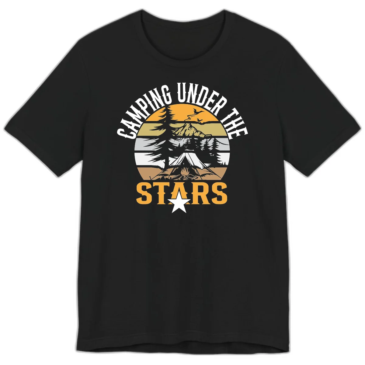 Circular camping badge design with tent, campfire, mountains, and forest under a golden sun, text reads 'Camping Under The Stars' in Black