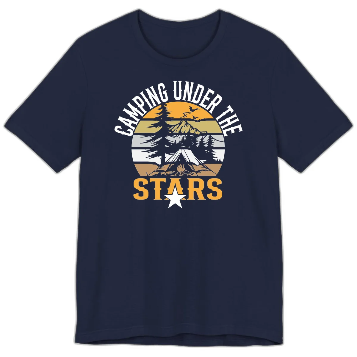 Circular camping badge design with tent, campfire, mountains, and forest under a golden sun, text reads 'Camping Under The Stars' in Navy