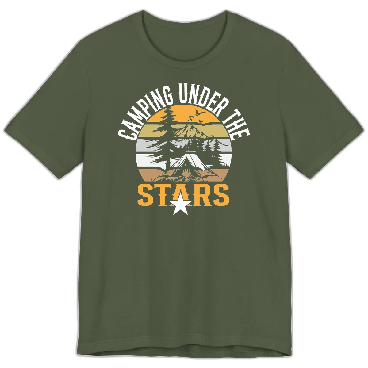 Circular camping badge design with tent, campfire, mountains, and forest under a golden sun, text reads 'Camping Under The Stars' in Military Green