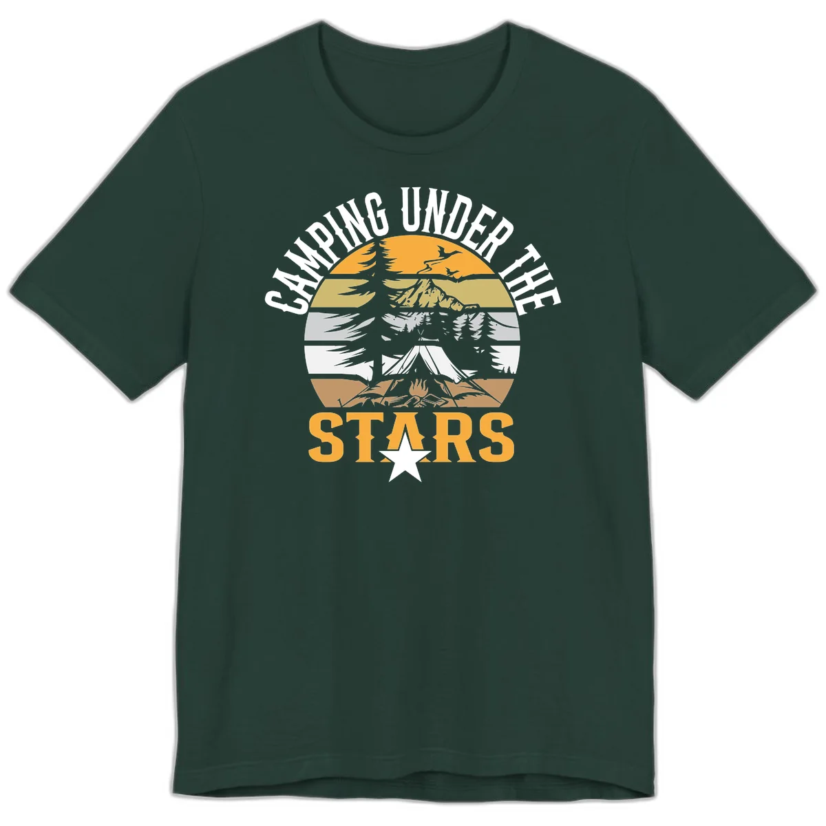 Circular camping badge design with tent, campfire, mountains, and forest under a golden sun, text reads 'Camping Under The Stars' in Forest