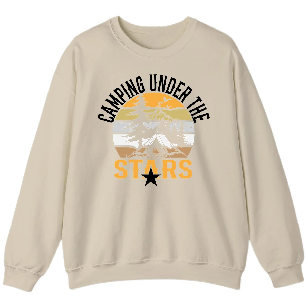 Circular camping badge design with tent, campfire, mountains, and forest under a golden sun, text reads 'Camping Under The Stars' in Sand