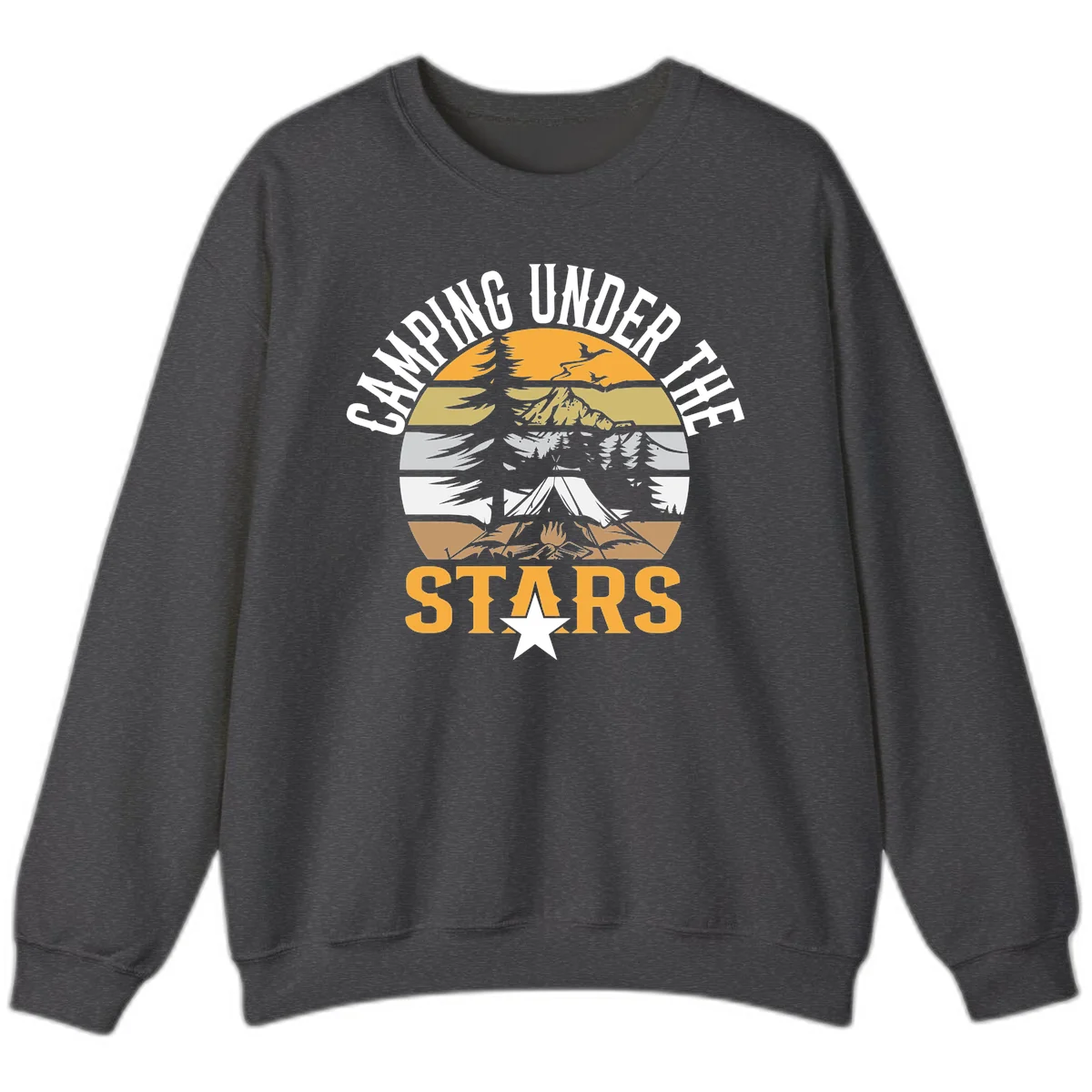 Circular camping badge design with tent, campfire, mountains, and forest under a golden sun, text reads 'Camping Under The Stars' in Dark Heather