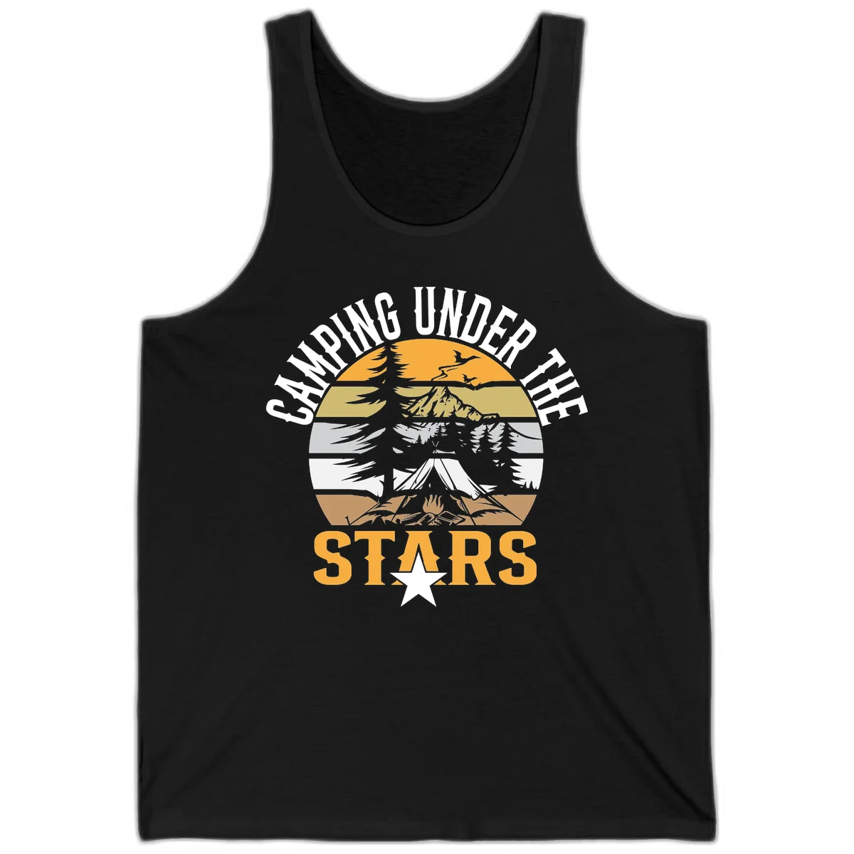 Circular camping badge design with tent, campfire, mountains, and forest under a golden sun, text reads 'Camping Under The Stars' in Black