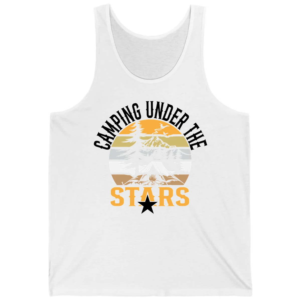 Circular camping badge design with tent, campfire, mountains, and forest under a golden sun, text reads 'Camping Under The Stars' in White
