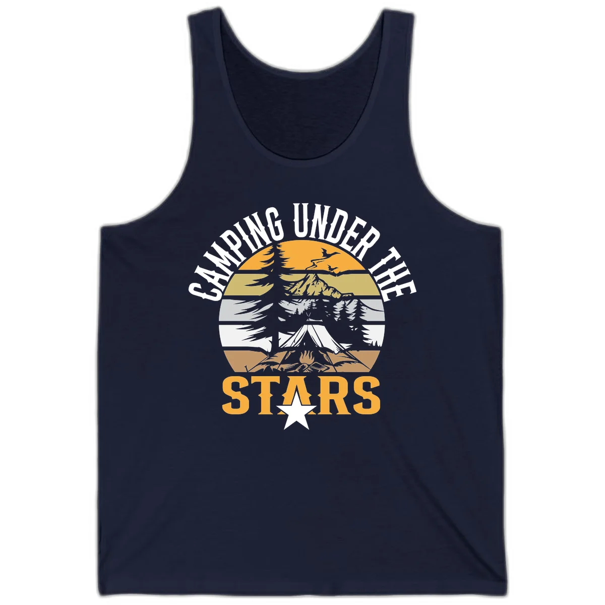 Circular camping badge design with tent, campfire, mountains, and forest under a golden sun, text reads 'Camping Under The Stars' in Navy