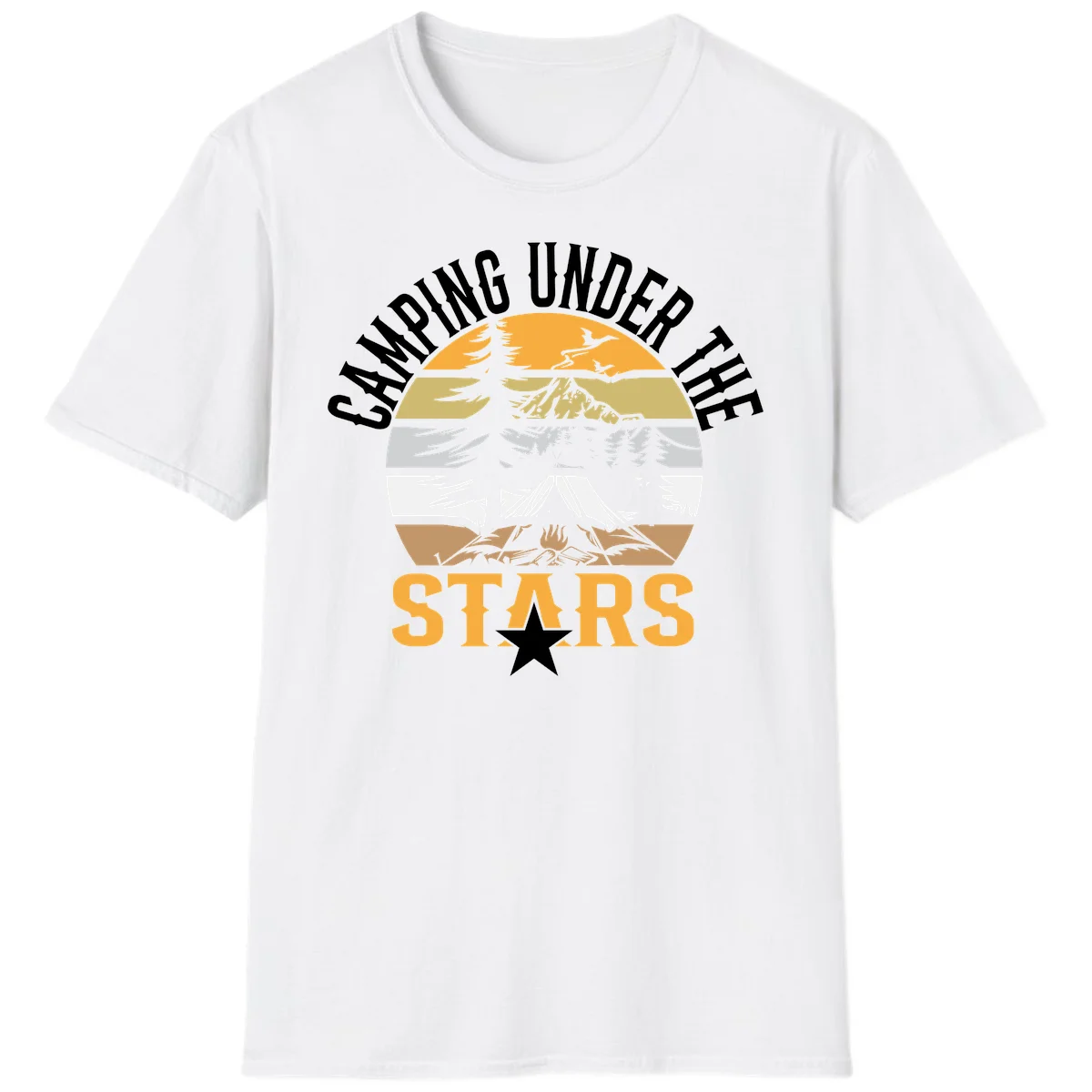 Circular camping badge design with tent, campfire, mountains, and forest under a golden sun, text reads 'Camping Under The Stars' in White