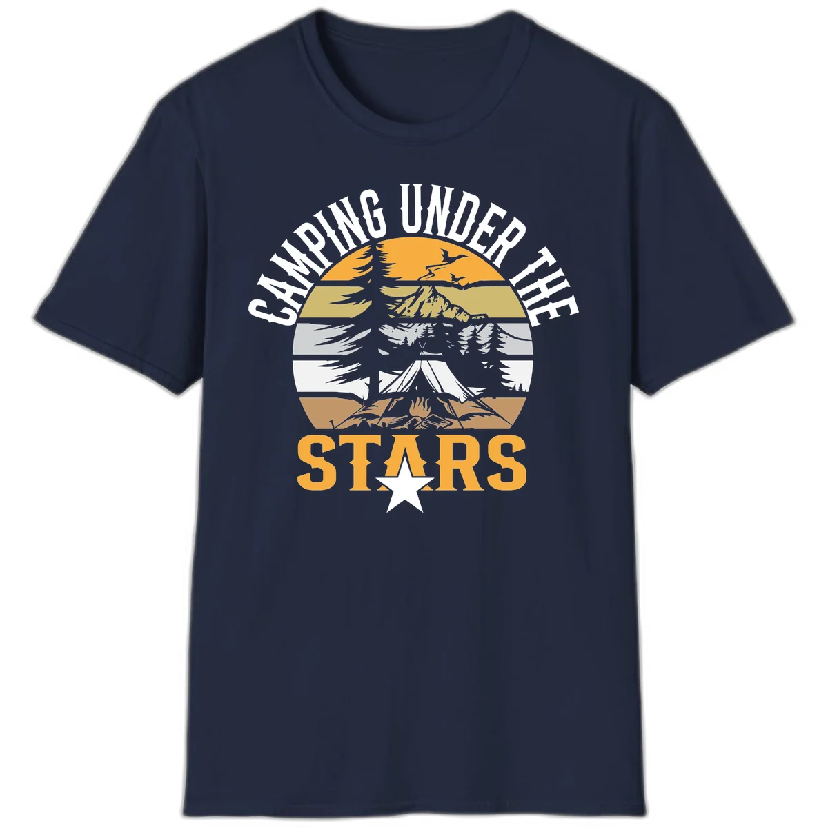 Circular camping badge design with tent, campfire, mountains, and forest under a golden sun, text reads 'Camping Under The Stars' in Navy