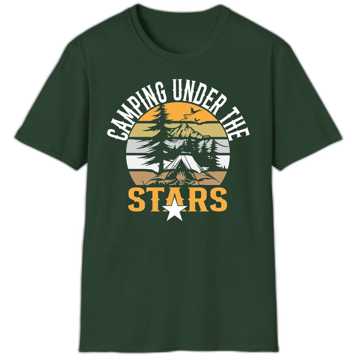Circular camping badge design with tent, campfire, mountains, and forest under a golden sun, text reads 'Camping Under The Stars' in Forest Green