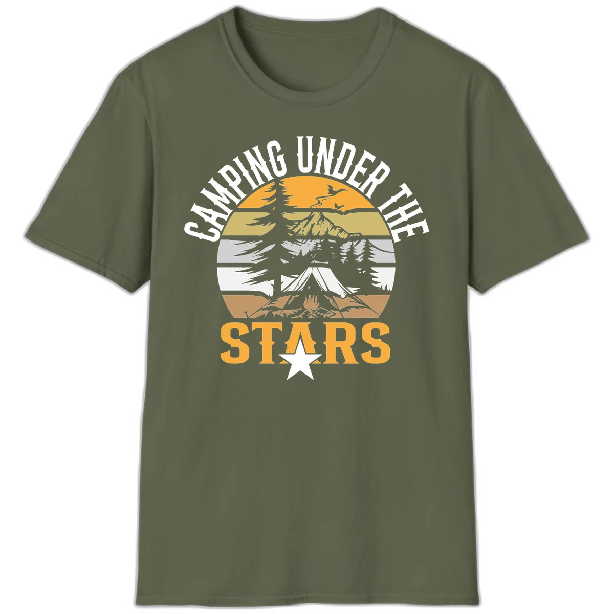 Circular camping badge design with tent, campfire, mountains, and forest under a golden sun, text reads 'Camping Under The Stars' in Military Green