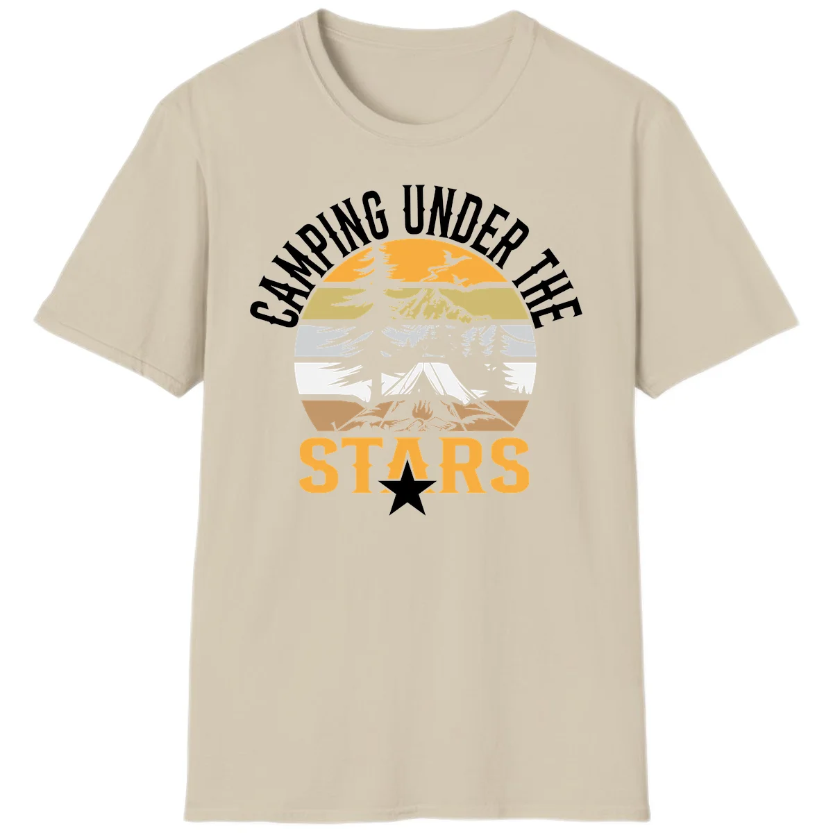 Circular camping badge design with tent, campfire, mountains, and forest under a golden sun, text reads 'Camping Under The Stars' in Sand