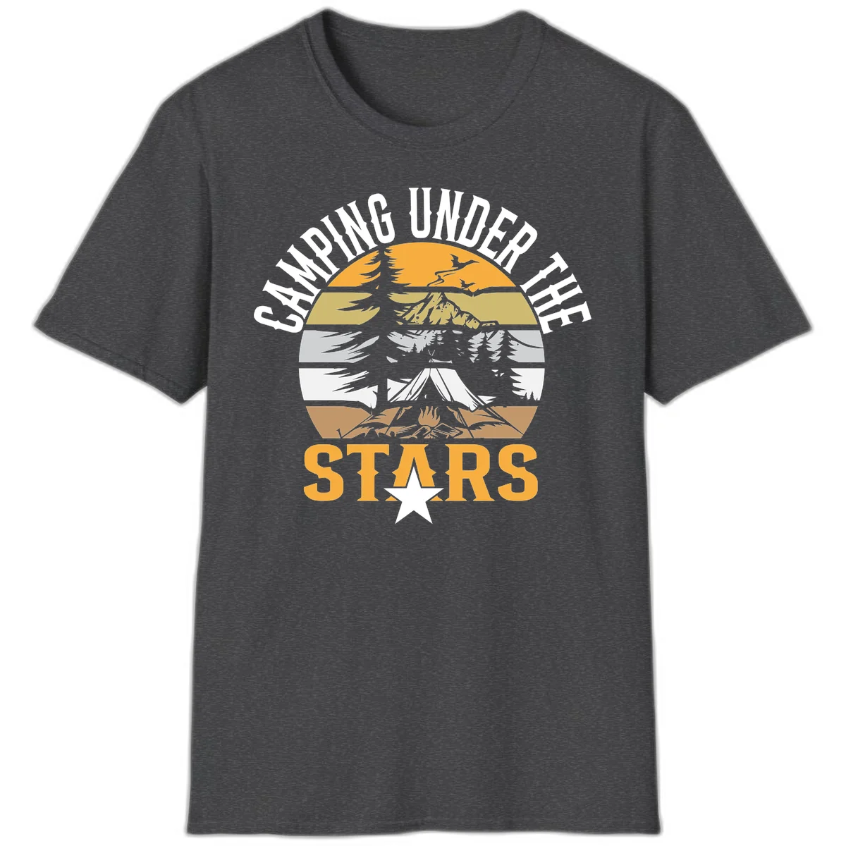 Circular camping badge design with tent, campfire, mountains, and forest under a golden sun, text reads 'Camping Under The Stars' in Dark Heather