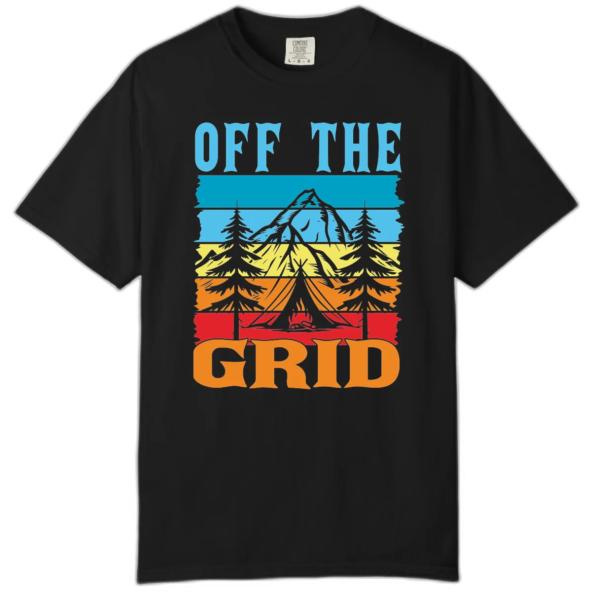Colorful layered landscape illustration with tree, mountain, campfire, and roots design for off the grid camping shirt in Black