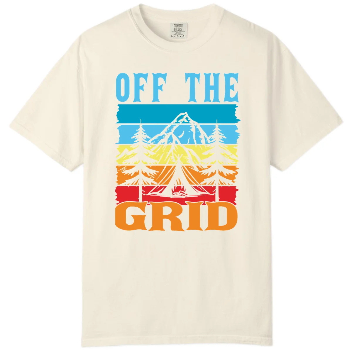 Colorful layered landscape illustration with tree, mountain, campfire, and roots design for off the grid camping shirt in Ivory