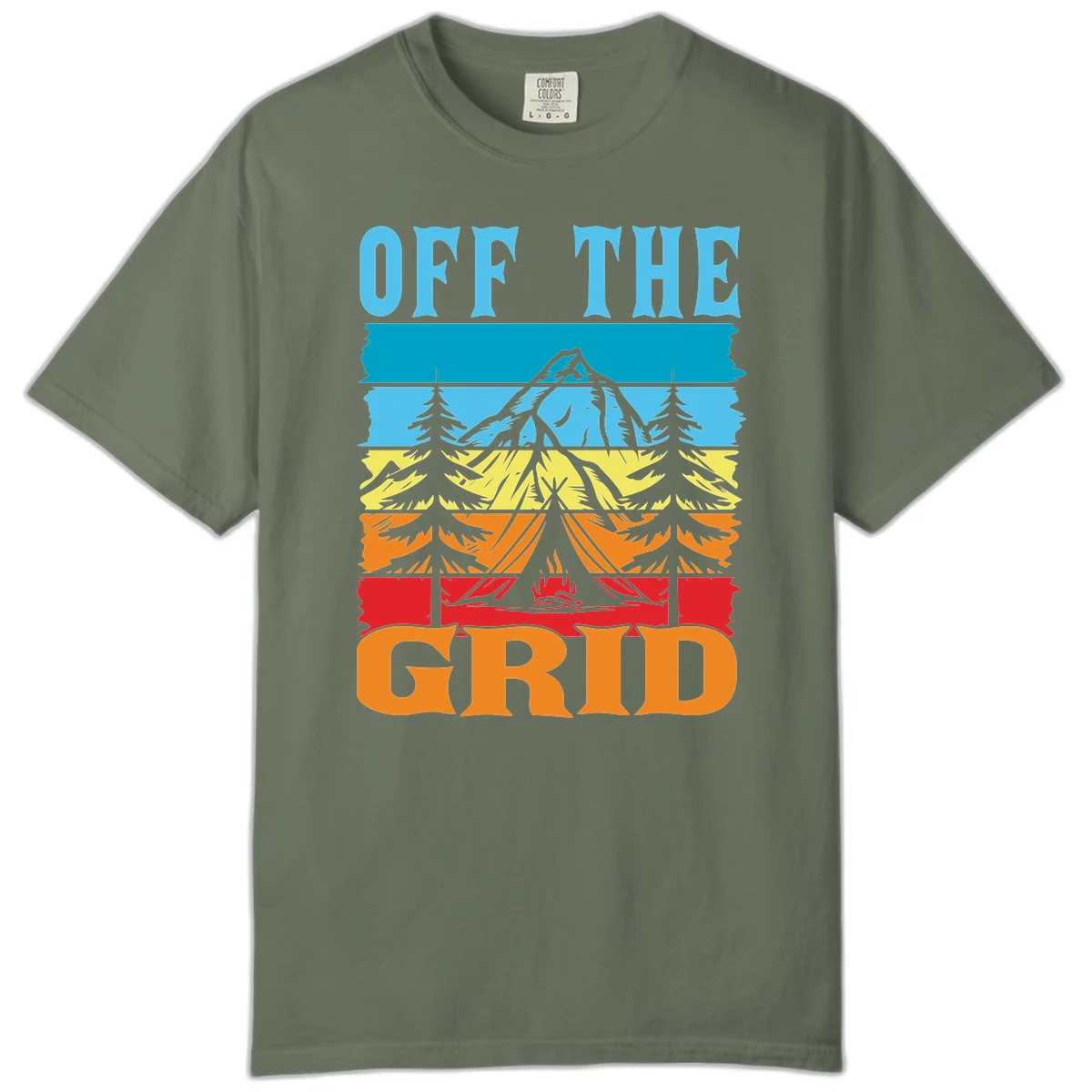 Colorful layered landscape illustration with tree, mountain, campfire, and roots design for off the grid camping shirt in Moss