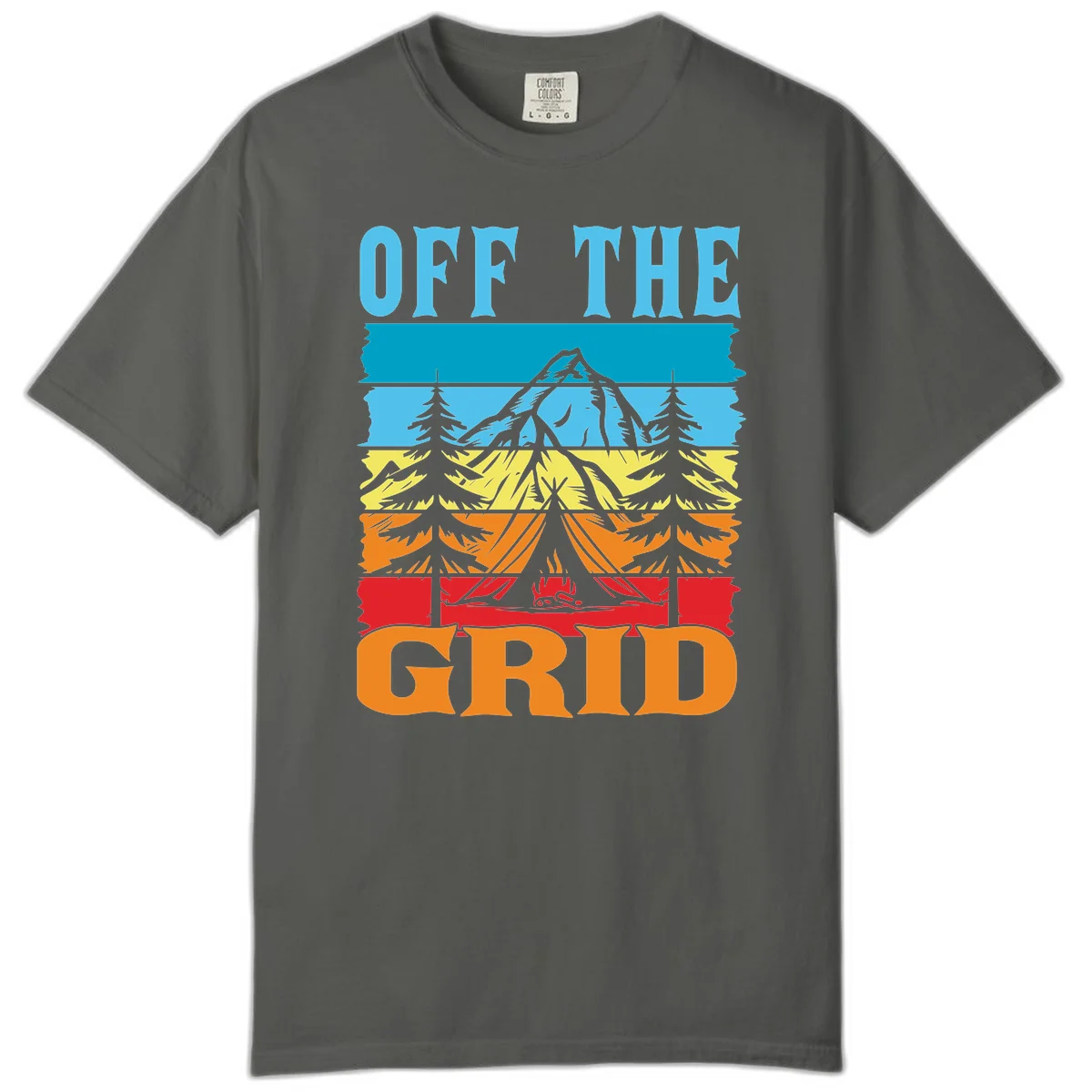Colorful layered landscape illustration with tree, mountain, campfire, and roots design for off the grid camping shirt in Pepper