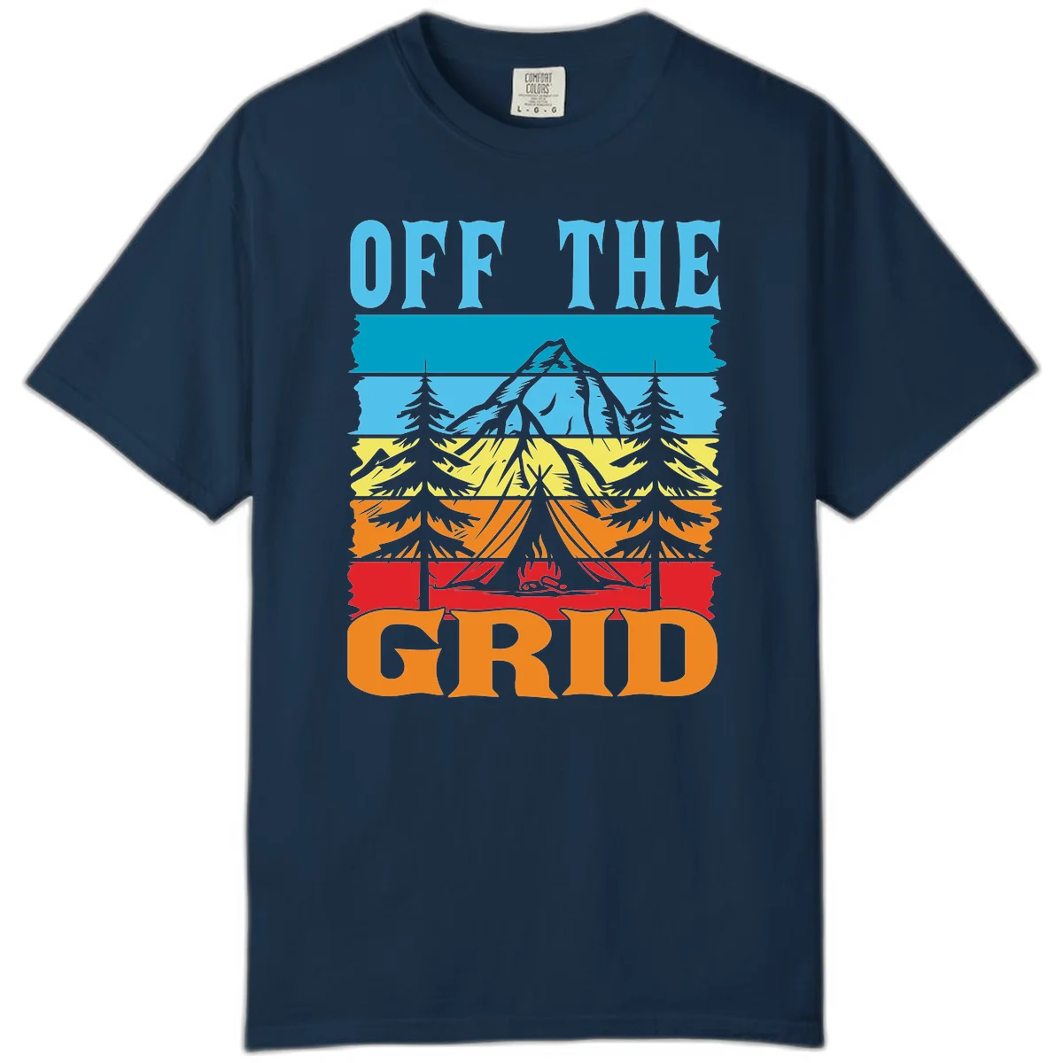 Colorful layered landscape illustration with tree, mountain, campfire, and roots design for off the grid camping shirt in True Navy