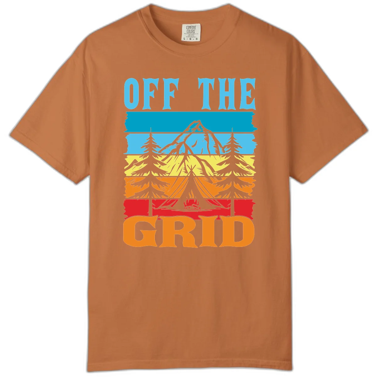 Colorful layered landscape illustration with tree, mountain, campfire, and roots design for off the grid camping shirt in Yam