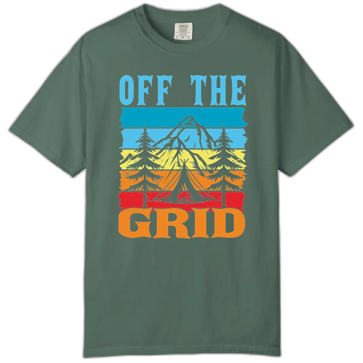 Colorful layered landscape illustration with tree, mountain, campfire, and roots design for off the grid camping shirt in Blue Spruce