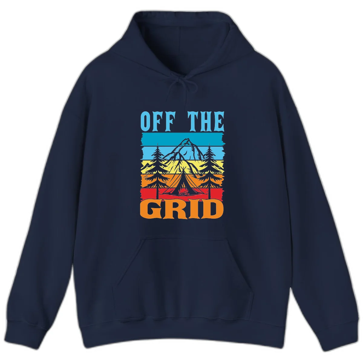 Colorful layered landscape illustration with tree, mountain, campfire, and roots design for off the grid camping shirt in Navy