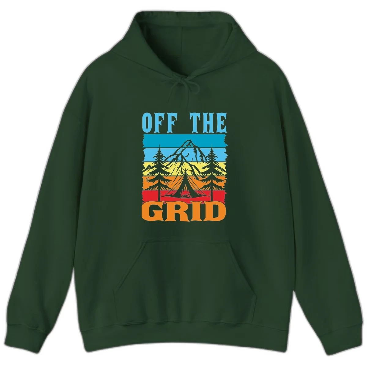Colorful layered landscape illustration with tree, mountain, campfire, and roots design for off the grid camping shirt in Forest Green