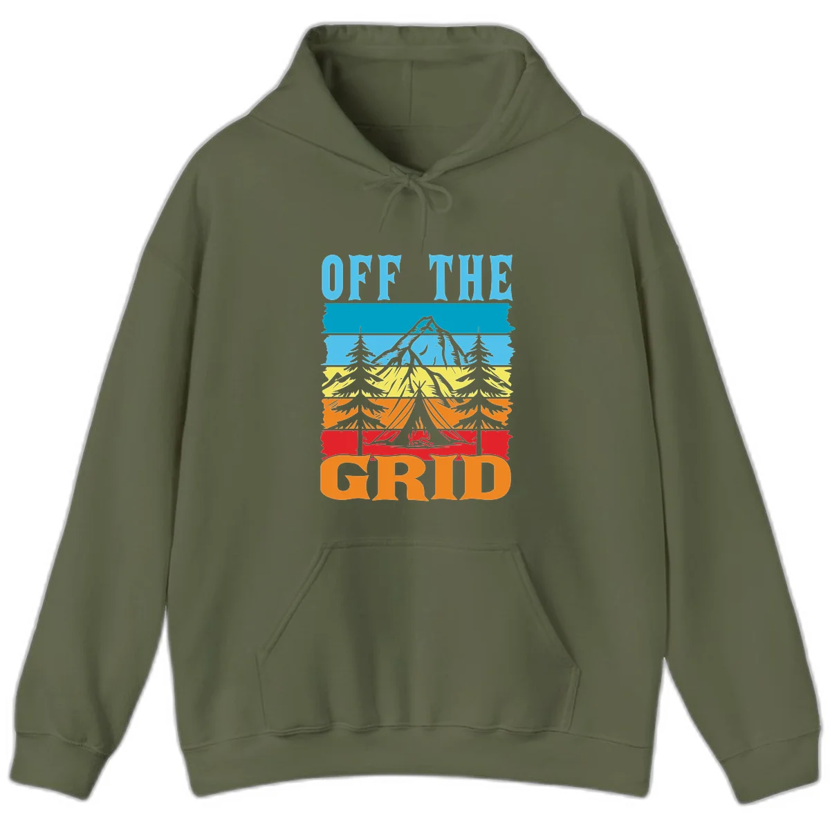 Colorful layered landscape illustration with tree, mountain, campfire, and roots design for off the grid camping shirt in Military Green