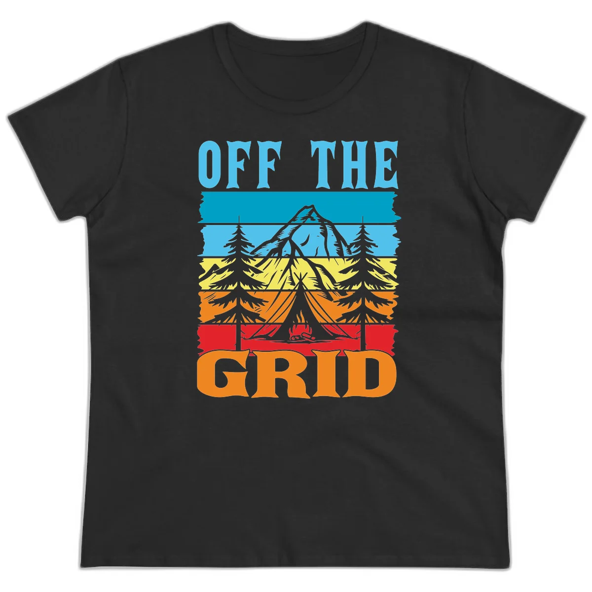 Colorful layered landscape illustration with tree, mountain, campfire, and roots design for off the grid camping shirt in Black