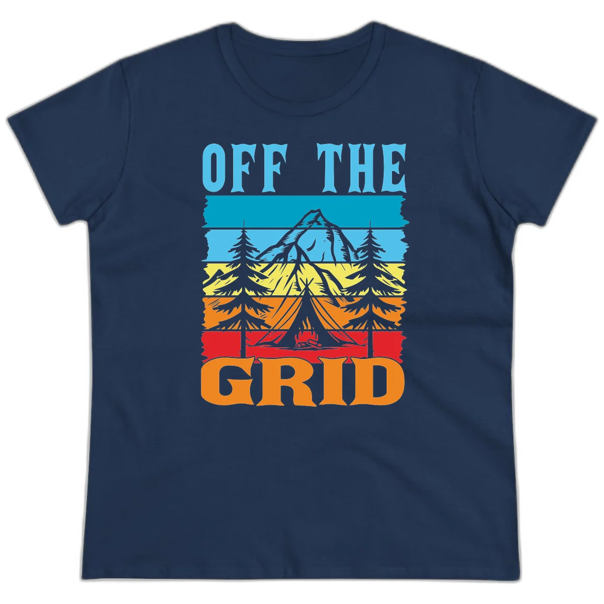 Colorful layered landscape illustration with tree, mountain, campfire, and roots design for off the grid camping shirt in Navy