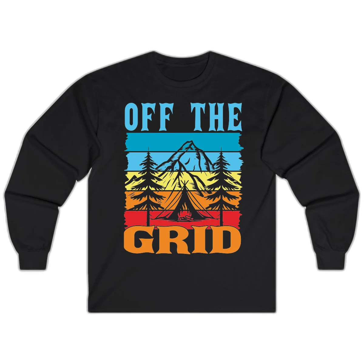 Colorful layered landscape illustration with tree, mountain, campfire, and roots design for off the grid camping shirt in Black
