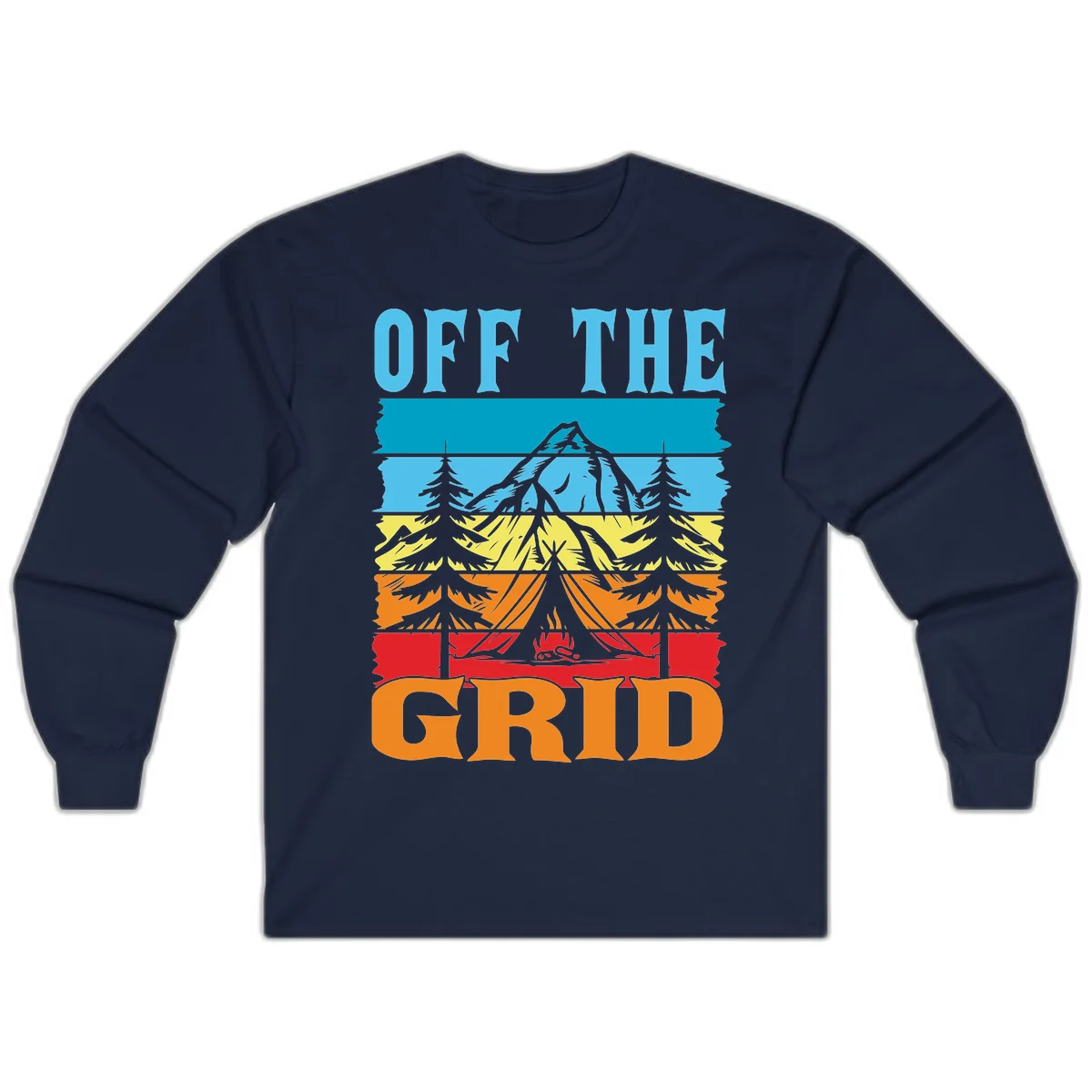 Colorful layered landscape illustration with tree, mountain, campfire, and roots design for off the grid camping shirt in Navy