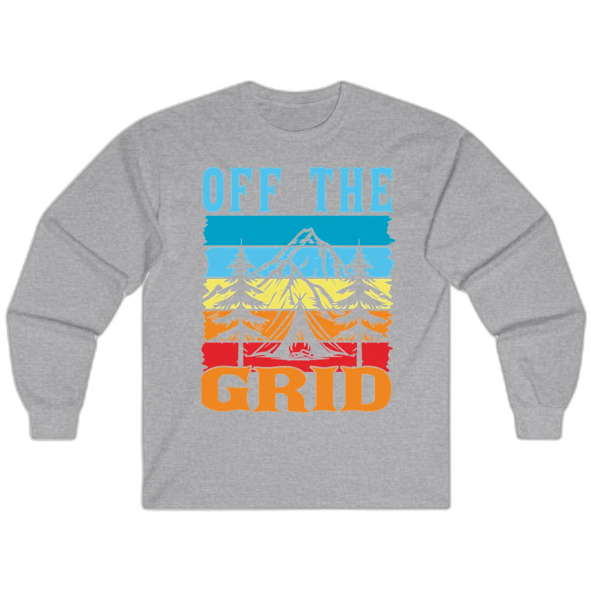 Colorful layered landscape illustration with tree, mountain, campfire, and roots design for off the grid camping shirt in Sport Grey