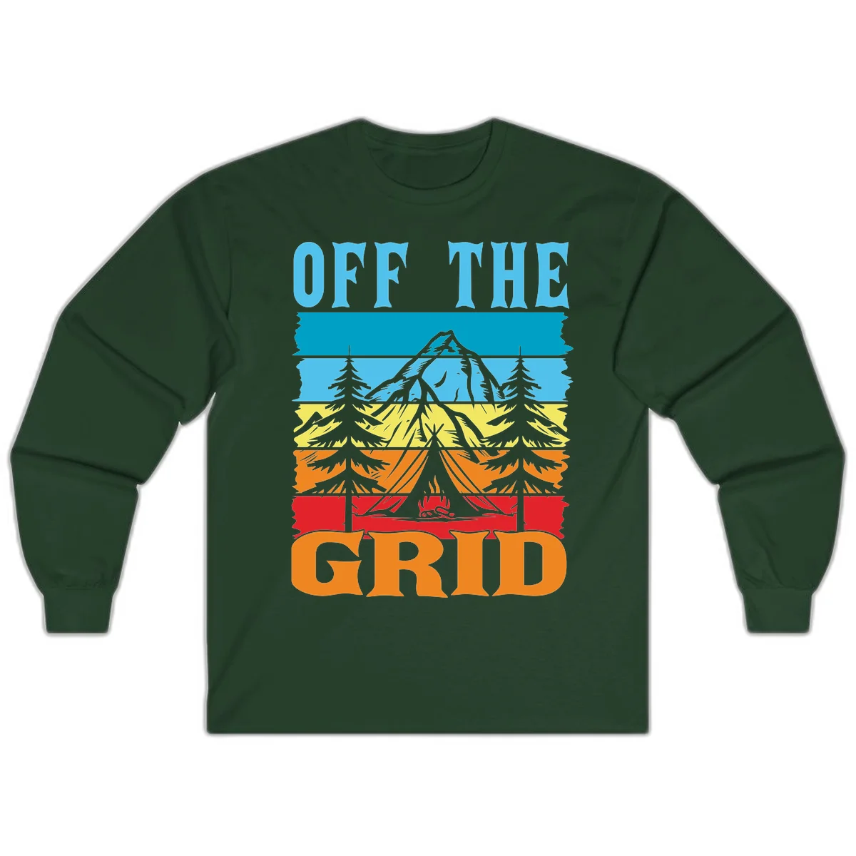 Colorful layered landscape illustration with tree, mountain, campfire, and roots design for off the grid camping shirt in Forest Green