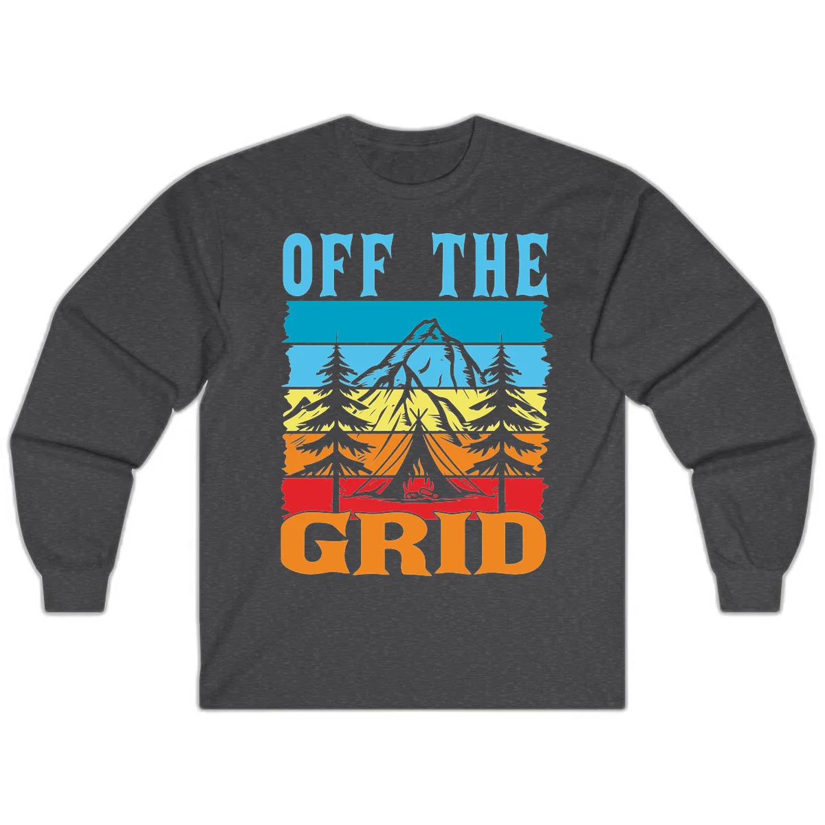 Colorful layered landscape illustration with tree, mountain, campfire, and roots design for off the grid camping shirt in Dark Heather